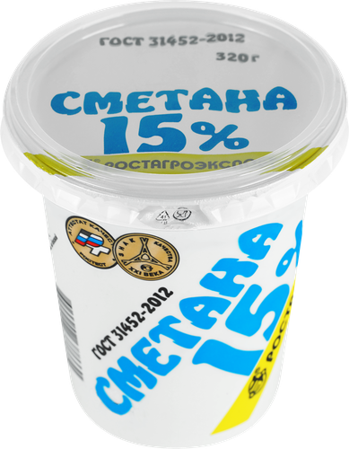 Сметана РОСТАГРОЭКСПОРТ 15%, без змж, 320г, крупный план