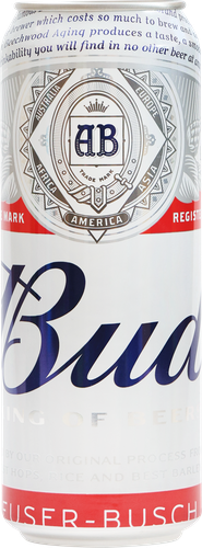 Пиво светлое BUD пастеризованное, 5%, ж/б, 0.45л, крупный план