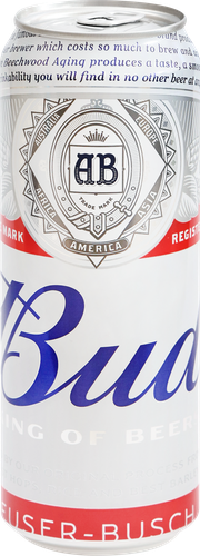 Пиво светлое BUD пастеризованное, 5%, ж/б, 0.45л, фотография