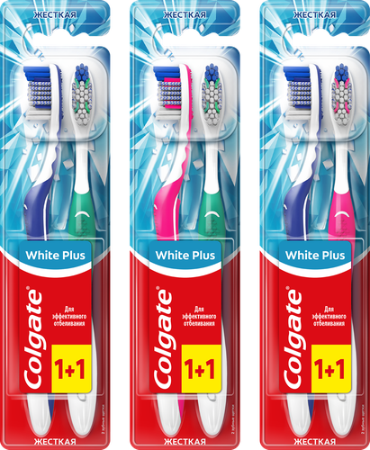 Зубная щетка COLGATE White Plus отбеливающая, жесткая, 1+1, 2шт, крупный план