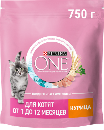 Корм сухой для котят PURINA ONE полнорационный, от 1 до 12 месяцев, с высоким содержанием курицы, 750г, детальное фото