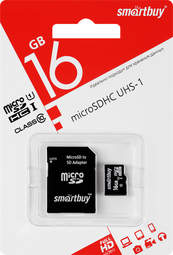 Карта памяти SMARTBUY micro SDHC 16GB Сlass 10 UHS-I, с адаптером SD, изображение