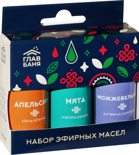 Набор эфирных косметических масел ГЛАВБАНЯ Апельсин, Мята и Можжевельник, Арт. Б703, 3х17мл, фото
