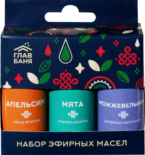 Набор эфирных косметических масел ГЛАВБАНЯ Апельсин, Мята и Можжевельник, Арт. Б703, 3х17мл, изображение
