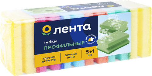 Губки для посуды ЛЕНТА профильные 9х7х4,4см, 5+1шт, фото