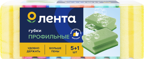 Губки для посуды ЛЕНТА профильные 9х7х4,4см, 5+1шт, крупный план