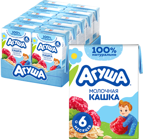 Кашка овсяная детская АГУША Вставай-ка молочная 2,5%, с малиной, с 6 месяцев,  200мл, крупный план