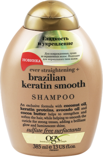 Шампунь для укрепления волос OGX Brazilian Keratin Smooth разглаживающий, 385мл, крупный план