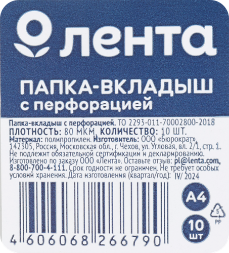 Папка-вкладыш ЛЕНТА А4 80мкм Арт. LN-080/10, 10шт, детальное фото