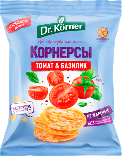Чипсы цельнозерновые рисово-кукурузные DR KORNER с томатом и базиликом, 
50г, вид