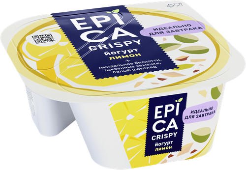 Йогурт EPICA Crispy Лимон, семена тыквы, печенье, белый шоколад 8,6%, без змж, 140г, изображение