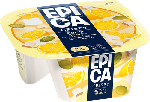 Йогурт EPICA Crispy Лимон, семена тыквы, печенье, белый шоколад 8,6%, без змж, 140г, изображение