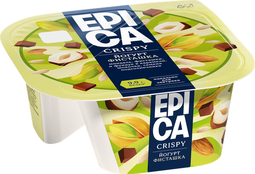 Йогурт EPICA Crispy Фисташки, семена подсолнечника, темный шоколад 10,5%, без змж, 140г, крупный план