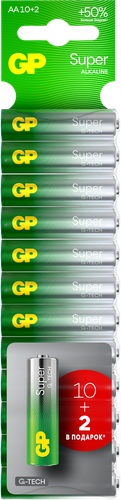Батарейки алкалиновые GP Super Alkaline АA, 10+2шт бесплатно, крупный план