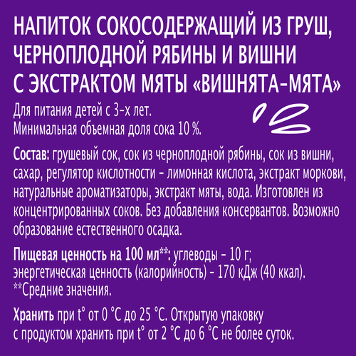 Напиток сокосодержащий МОЯ СЕМЬЯ Вишнята-Мята, 0.95л, детальное фото