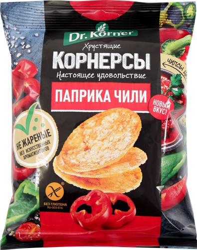 Чипсы цельнозерновые рисово-кукурузные DR KORNER Корнерсы, с паприкой и 
чили, 50г, вид