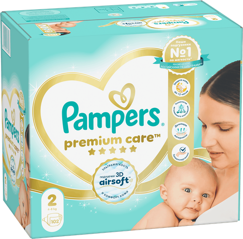 Подгузники PAMPERS Premium Care Mini 2 4–8кг, 102шт, крупный план