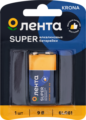Элемент питания ЛЕНТА 6LR61 крона алкалиновый Арт. AL6LR611, 1шт, крупный план