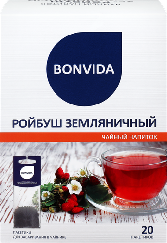 Напиток чайный BONVIDA Ройбуш Земляничный для заваривания в чайнике, 20пак, крупный план