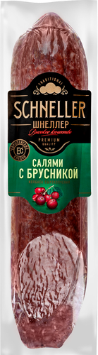 Колбаса сырокопченая SCHNELLER Салями с брусникой, 150г, крупный план