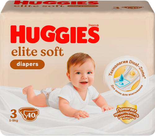 Подгузники HUGGIES Elite Soft 3 5–9кг, 40шт, крупный план