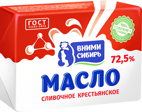 Масло сливочное ВНИМИ-СИБИРЬ Крестьянское 72,5% высший сорт, без змж, 180г, вид