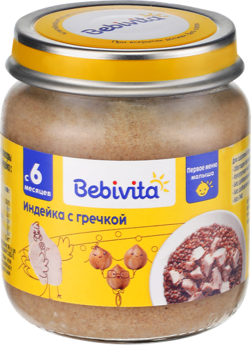 Пюре мясо-растительное BEBIVITA Первое меню малыша Индейка с гречкой, с 6 месяцев, 100г, крупный план