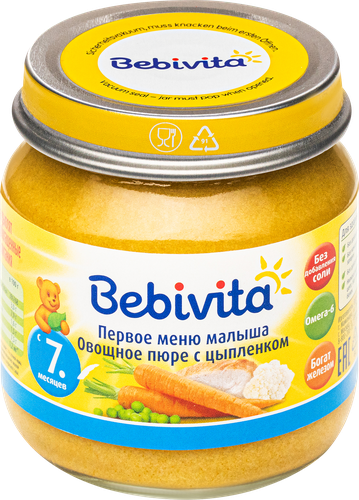 Пюре мясо-овощное BEBIVITA Овощи с цыпленком, с 7 месяцев, 100г, детальное фото