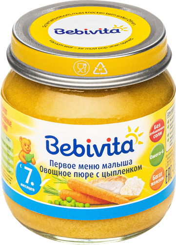 Пюре мясо-овощное BEBIVITA Овощи с цыпленком, с 7 месяцев, 100г, изображение