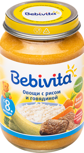 Пюре мясо-растительное BEBIVITA Овощи с рисом и говядиной, с 8 месяцев, 190г, крупный план