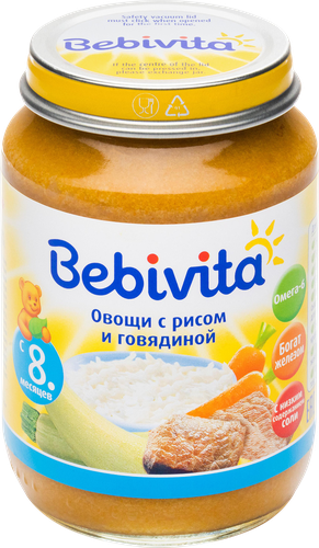 Пюре мясо-растительное BEBIVITA Овощи с рисом и говядиной, с 8 месяцев, 190г, крупный план