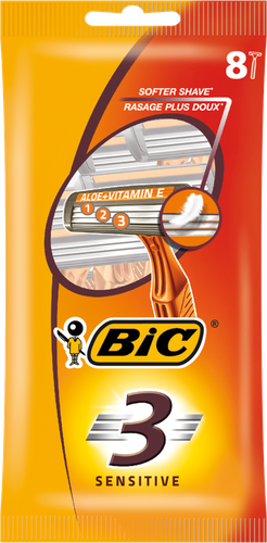 Бритва одноразовая мужская BIC 3 Sensitive 3 лезвия с увлажняющей полоской, 8шт, вид