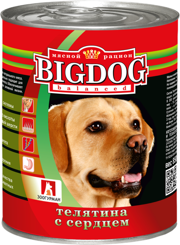 Корм консервированный для собак ЗООГУРМАН Big Dog Телятина с сердцем, 850г, вид