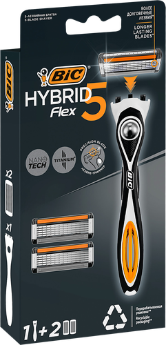 Бритва мужская BIC Hybrid 5 Flex 5 лезвий с 2 сменными кассетами, изображение
