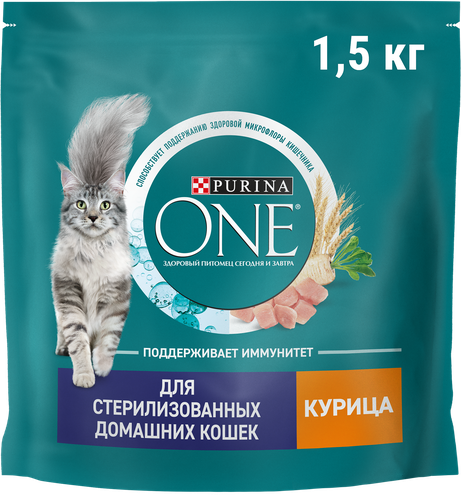 Корм сухой для взрослых кошек PURINA ONE Курица, для стерилизованных и кастрированных, живущих в домашних условиях, с высоким содержанием курицы и цельными злаками, 1,5кг, фотография