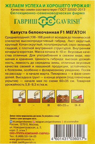 Семена ГАВРИШ Капуста белокочанная для квашения Мегатон F1, Арт. 1911910, 10шт, детальное фото