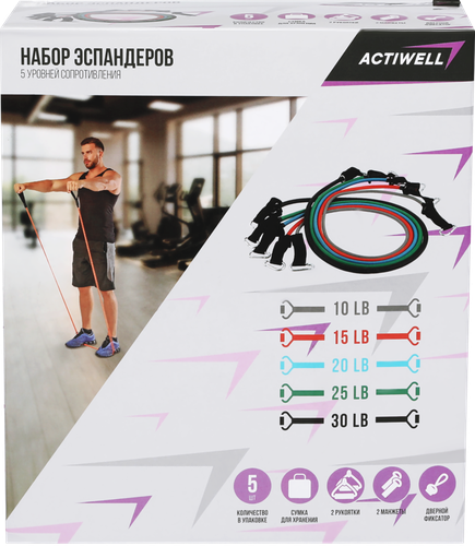 Набор эспандеров ACTIWELL со сменными рукоятками, 5 уровней сопротивления, Арт. IR97663, 5шт, крупный план