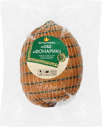 Фонарик копчено-вареный куриный ПЕСТРЕЧИНКА Халяль, весовой, вид