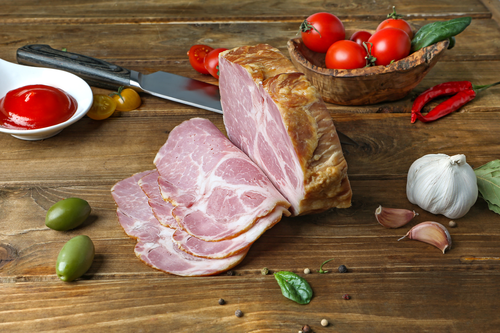 Шейка копчено-вареная из свинины Подмосковная ЛЕНТА FRESH, весовая, крупный план