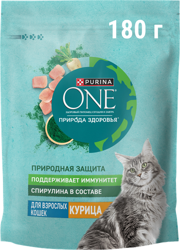 Корм сухой для взрослых кошек PURINA ONE Природа Здоровья со спирулиной, с высоким содержанием курицы, 180г, фотография