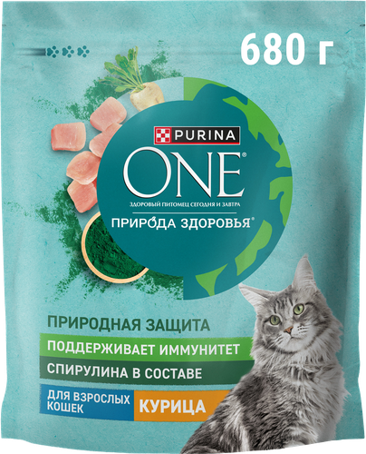 Корм сухой для взрослых кошек PURINA ONE Природа здоровья со спирулиной, с высоким содержанием курицы, 680г, крупный план