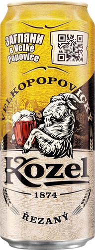 Пиво светлое VELKOPOPOVICKY KOZEL Rezany пастеризованное, 4,7%, ж/б, 0.45л, крупный план