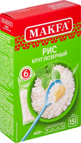 Рис круглозерный MAKFA шлифованный, в пакетиках, 400г, крупный план