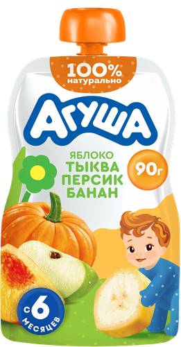 Пюре фруктовое детское АГУША Яблоко, тыква, персик, банан, с 6 месяцев,  90г, детальное фото