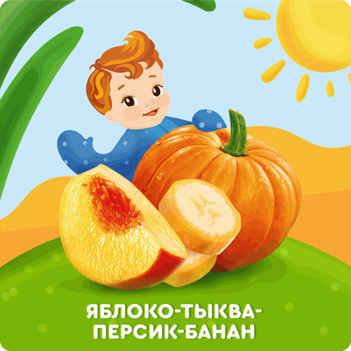 Пюре фруктовое детское АГУША Яблоко, тыква, персик, банан, с 6 месяцев,  90г, крупный план