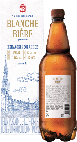 Напиток пивной BLANCHE BIERE Пшеничное Белое нефильтрованный 4,8%, 1л, изображение