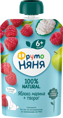 Пюре фруктово-творожное ФРУТОНЯНЯ Яблоко, малина, творог, с 6 месяцев, 90г, детальное фото