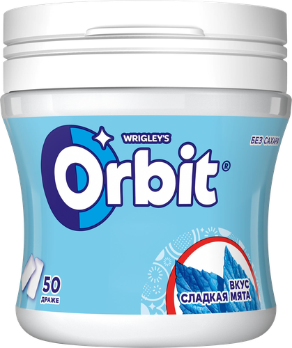 Жевательная резинка ORBIT Сладкая мята, банка, 68г, крупный план