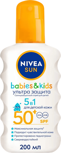 Спрей солнцезащитный детский NIVEA Sun Ультра защита, для чувствительной кожи SPF50+, 200мл, вид