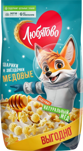 Готовый завтрак ЛЮБЯТОВО Медовые шарики и звездочки, 420г, детальное фото